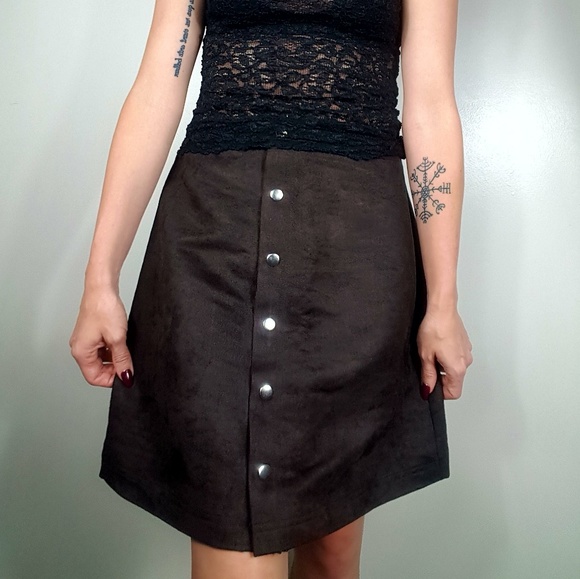 Brown Vegan Leather Suede Button Down A-line Skirt - Picture 4 of 8